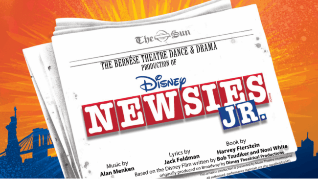 Promotional image for the show 'Disney’s Newsies JR. with Bernése Theatre Dance & Drama' in June 2026 at Blackburn Empire Theatre.