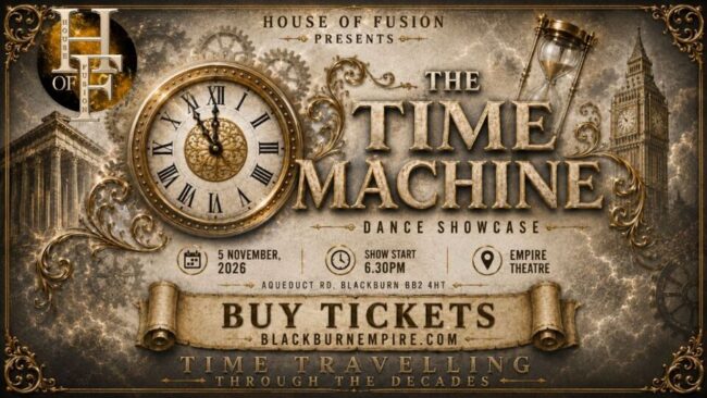 Promotional image for the show 'The Time Machine Dance Showcase' in November 2026 at Blackburn Empire Theatre.